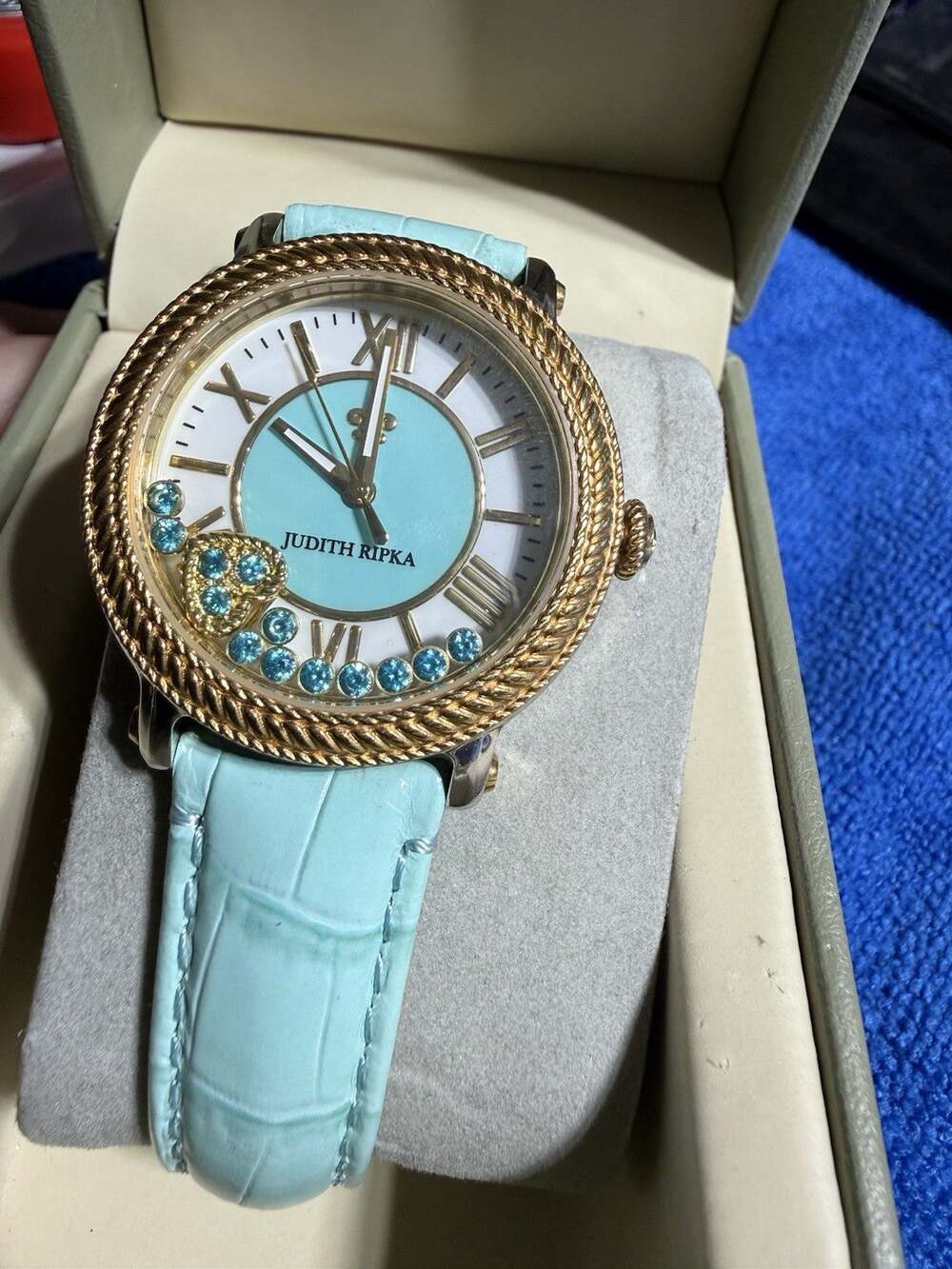 Turquoise And Gold Watch JUDITH RIPKA Odyssey Floating Heart Diamonique Charm